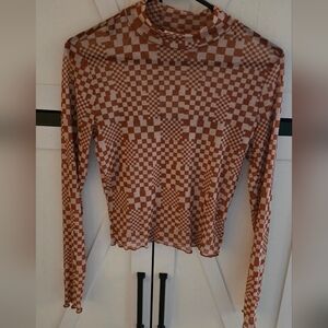 Self Esteem Checkered Rust Long Sleeve Sheer Top